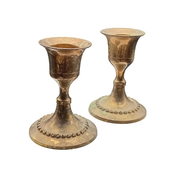 Vintage Brass Candlestick Holders Pair Decorative Beaded Rim Antique Style Home - Picture 1 of 4